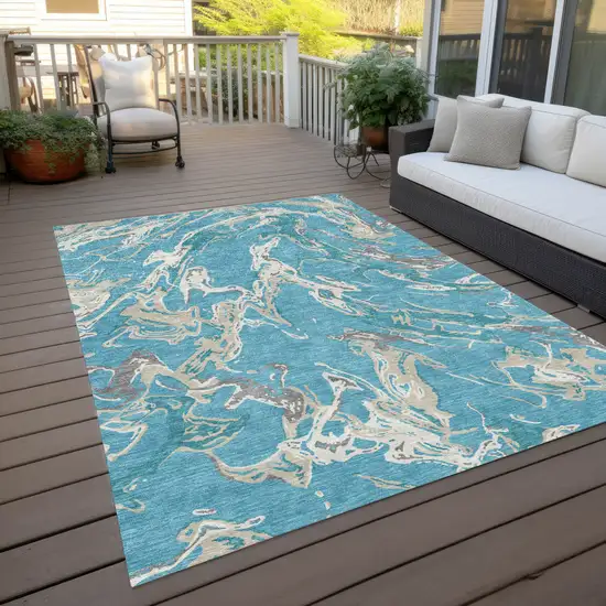 Teal Blue Ivory And Gray Abstract Washable Indoor Outdoor Area Rug Photo 9