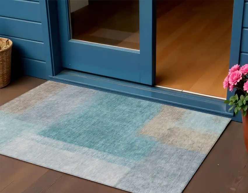 Teal Blue Ivory And Gray Abstract Washable Indoor Outdoor Area Rug Photo 1