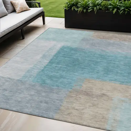 Teal Blue Ivory And Gray Abstract Washable Indoor Outdoor Area Rug Photo 1