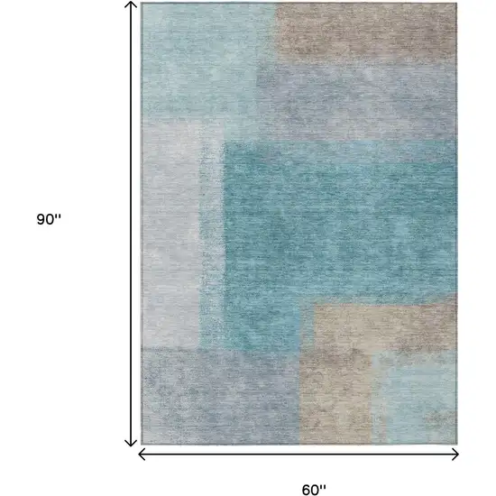 Teal Blue Ivory And Gray Abstract Washable Indoor Outdoor Area Rug Photo 3