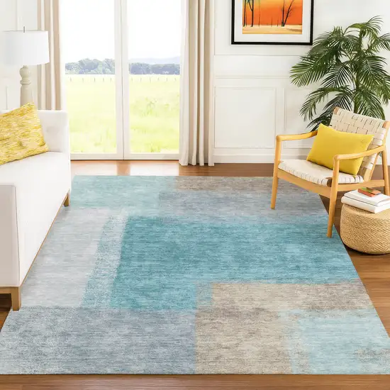 Teal Blue Ivory And Gray Abstract Washable Indoor Outdoor Area Rug Photo 9
