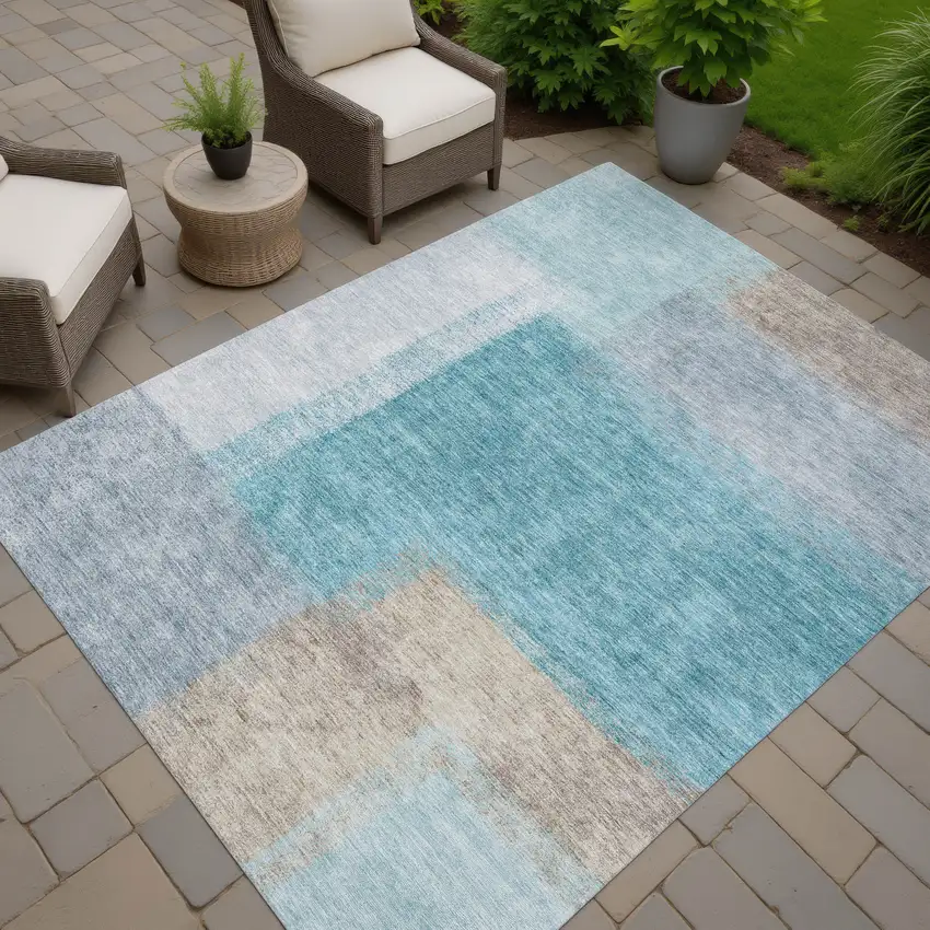 Teal Blue Ivory And Gray Abstract Washable Indoor Outdoor Area Rug Photo 7