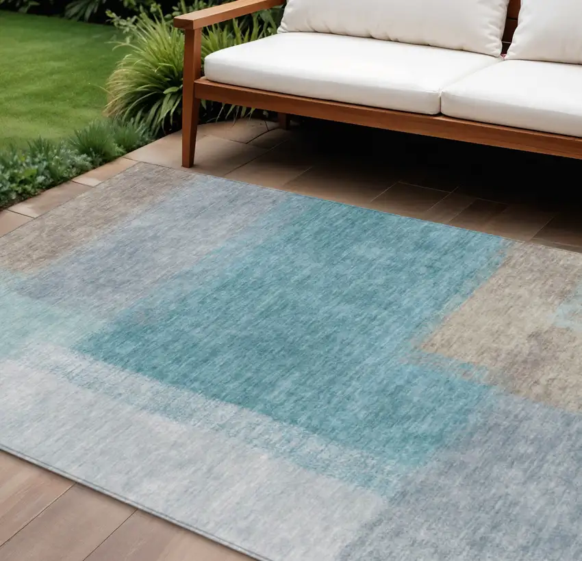 Teal Blue Ivory And Gray Abstract Washable Indoor Outdoor Area Rug Photo 1
