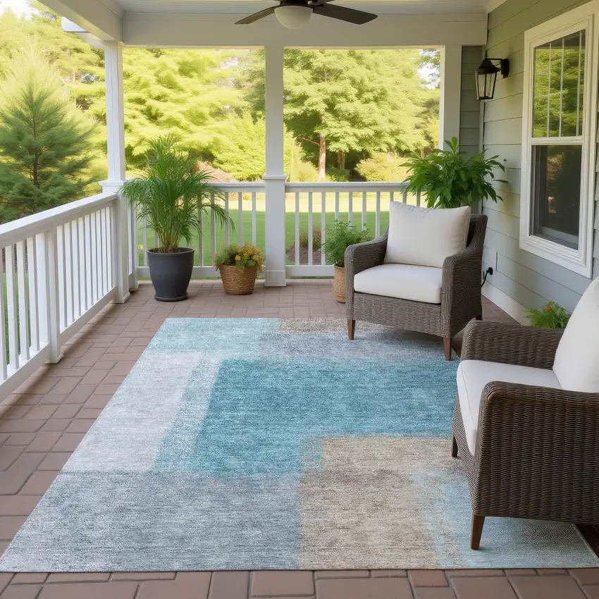 Teal Blue Ivory And Gray Abstract Washable Indoor Outdoor Area Rug Photo 9