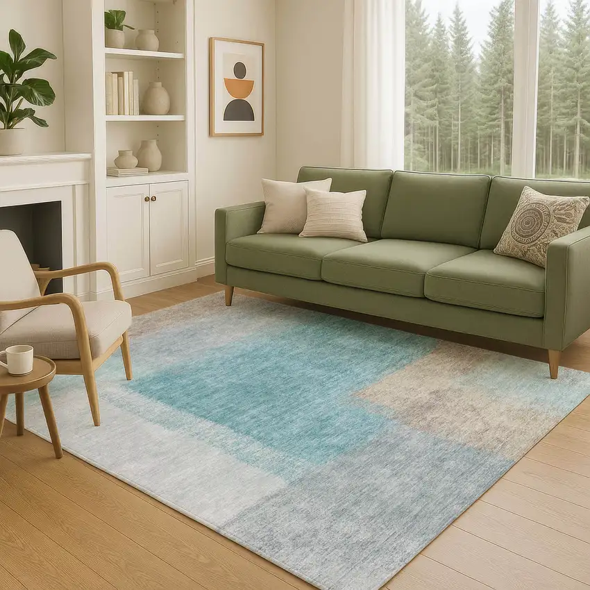 Teal Blue Ivory And Gray Abstract Washable Indoor Outdoor Area Rug Photo 8