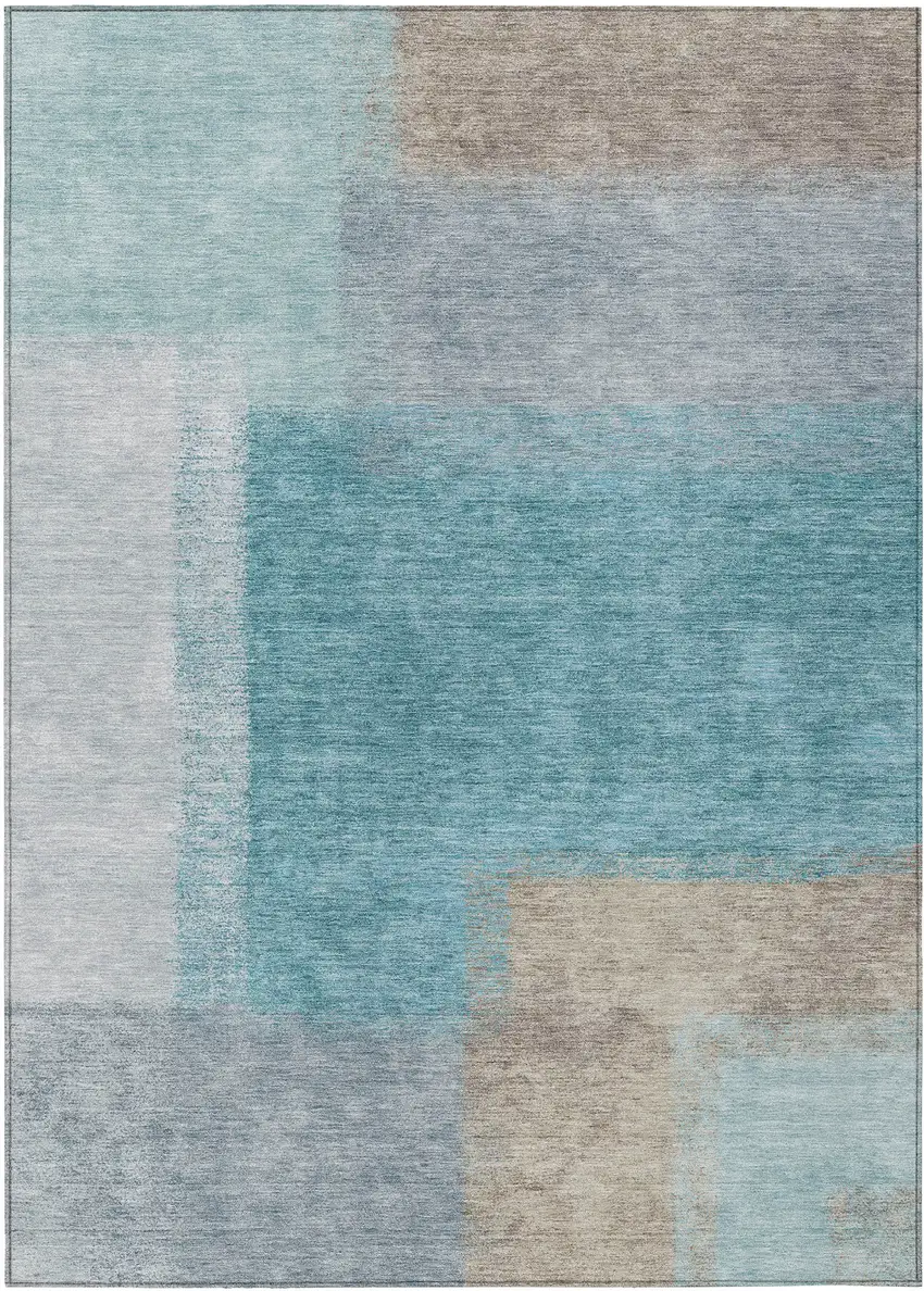 Teal Blue Ivory And Gray Abstract Washable Indoor Outdoor Area Rug Photo 2