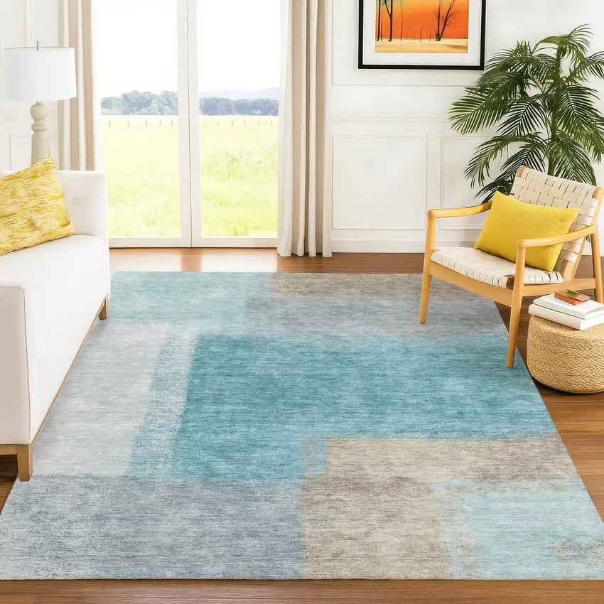 Teal Blue Ivory And Gray Abstract Washable Indoor Outdoor Area Rug Photo 9