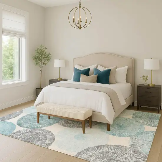 Teal Blue Ivory And Gray Abstract Washable Indoor Outdoor Area Rug Photo 9