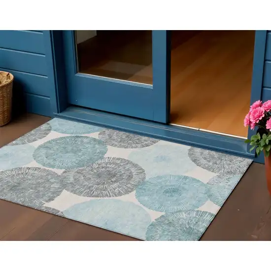 Teal Blue Ivory And Gray Abstract Washable Indoor Outdoor Area Rug Photo 1