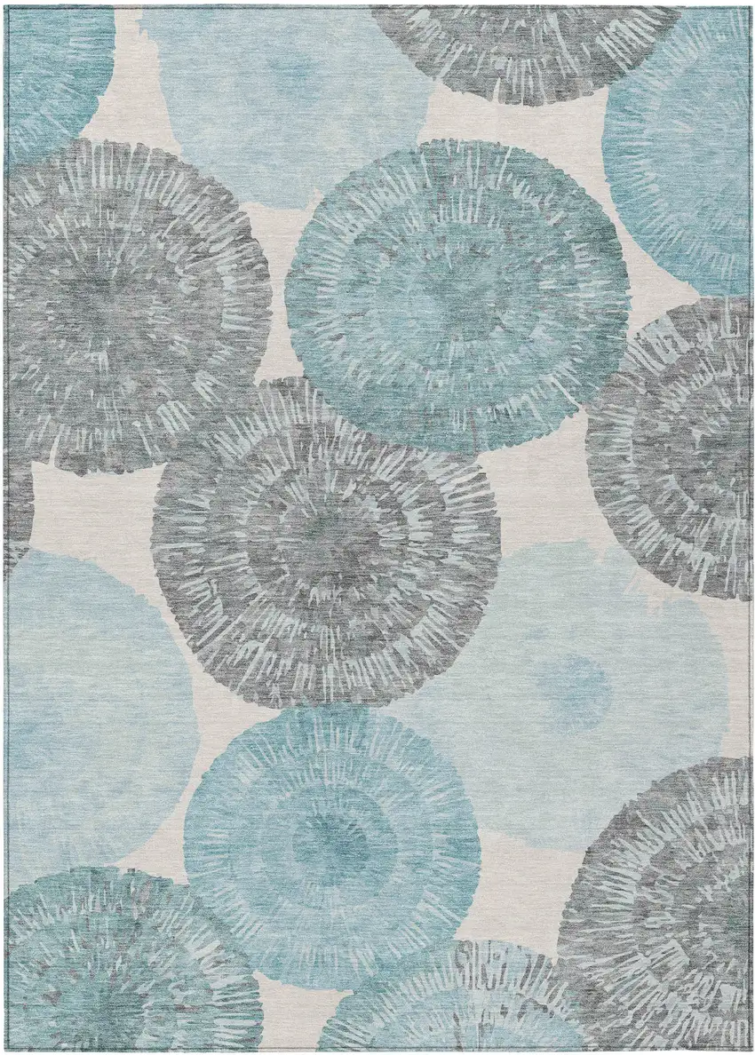 Teal Blue Ivory And Gray Abstract Washable Indoor Outdoor Area Rug Photo 2
