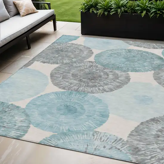 Teal Blue Ivory And Gray Abstract Washable Indoor Outdoor Area Rug Photo 1