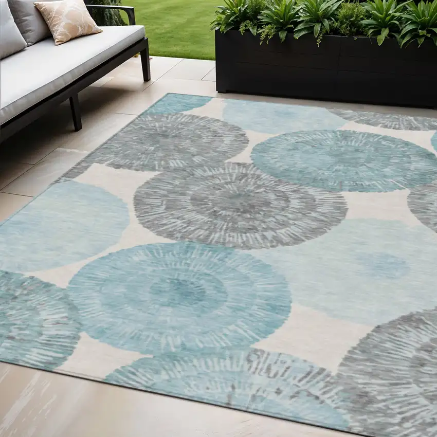Teal Blue Ivory And Gray Abstract Washable Indoor Outdoor Area Rug Photo 1