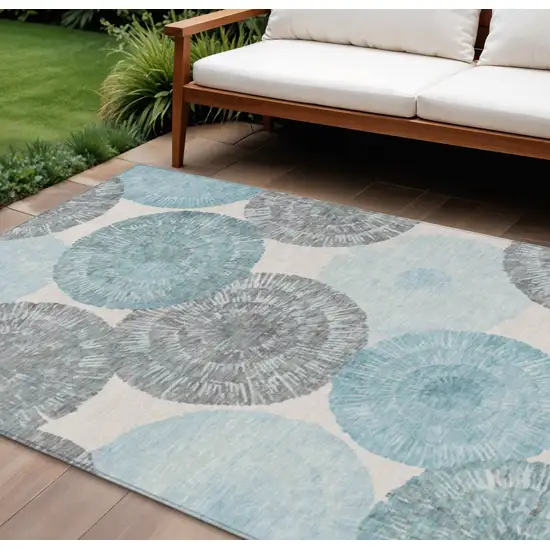 Teal Blue Ivory And Gray Abstract Washable Indoor Outdoor Area Rug Photo 1