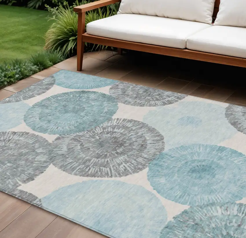 Teal Blue Ivory And Gray Abstract Washable Indoor Outdoor Area Rug Photo 1