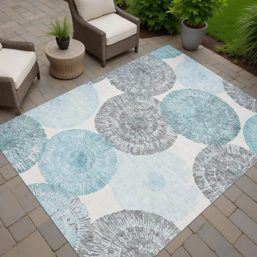 Teal Blue Ivory And Gray Abstract Washable Indoor Outdoor Area Rug Photo 9