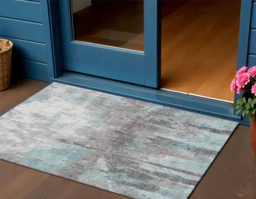 Teal Blue Ivory And Gray Abstract Washable Indoor Outdoor Area Rug Photo 1