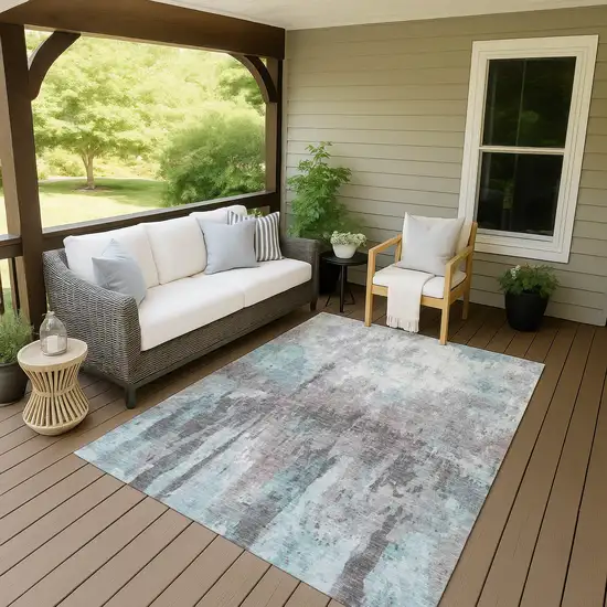 Teal Blue Ivory And Gray Abstract Washable Indoor Outdoor Area Rug Photo 7