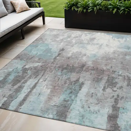 Teal Blue Ivory And Gray Abstract Washable Indoor Outdoor Area Rug Photo 1