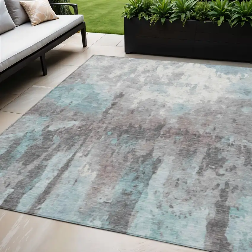 Teal Blue Ivory And Gray Abstract Washable Indoor Outdoor Area Rug Photo 1