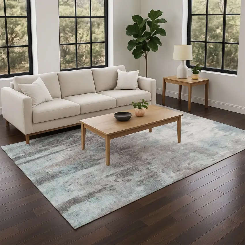 Teal Blue Ivory And Gray Abstract Washable Indoor Outdoor Area Rug Photo 9