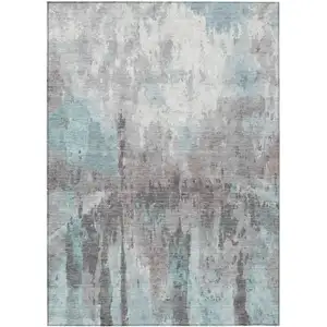 Photo of Teal Blue Ivory And Gray Abstract Washable Indoor Outdoor Area Rug