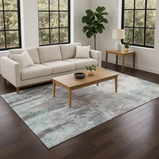 Teal Blue Ivory And Gray Abstract Washable Indoor Outdoor Area Rug Photo 8