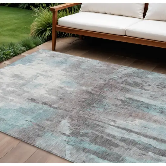 Teal Blue Ivory And Gray Abstract Washable Indoor Outdoor Area Rug Photo 1