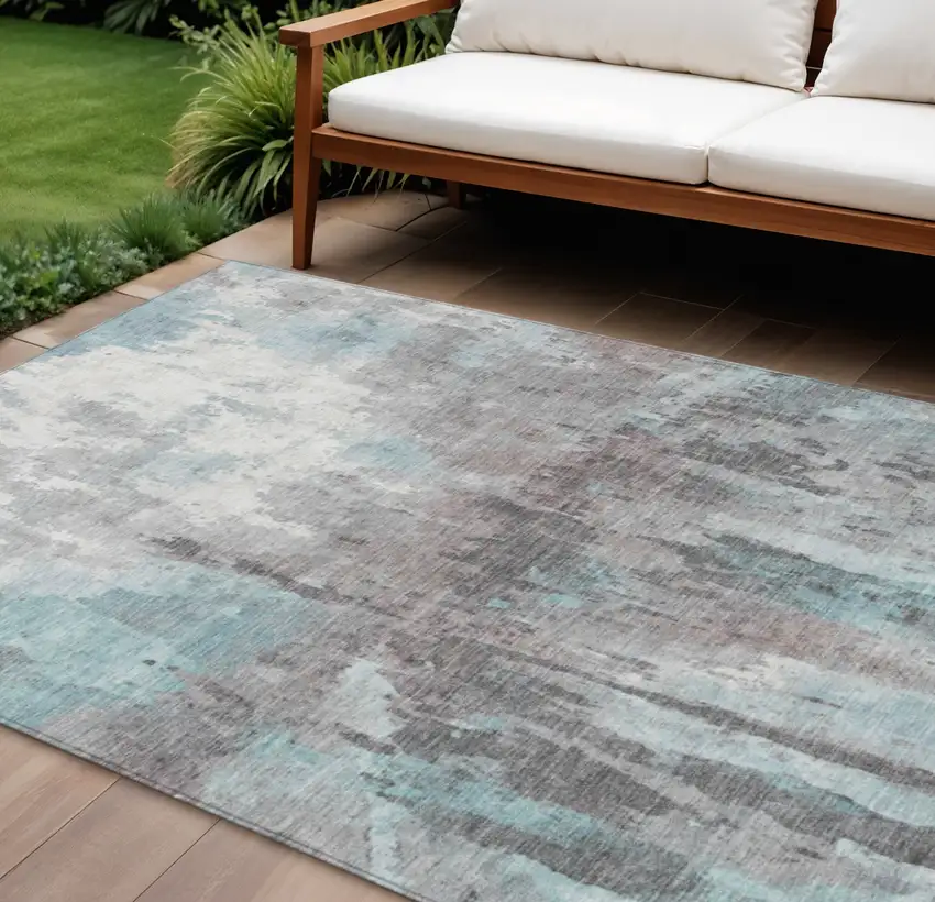 Teal Blue Ivory And Gray Abstract Washable Indoor Outdoor Area Rug Photo 1
