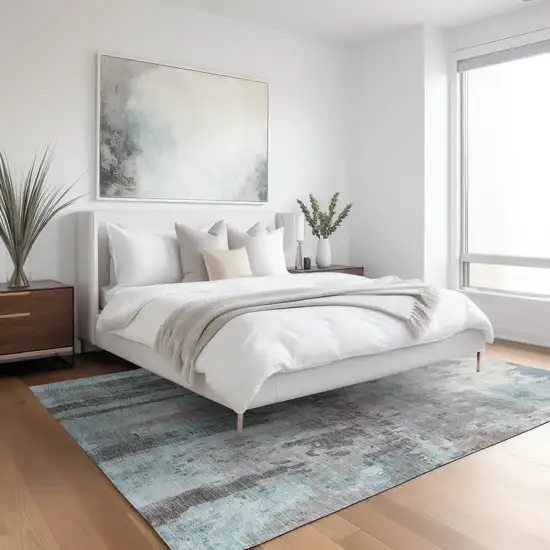 Teal Blue Ivory And Gray Abstract Washable Indoor Outdoor Area Rug Photo 8