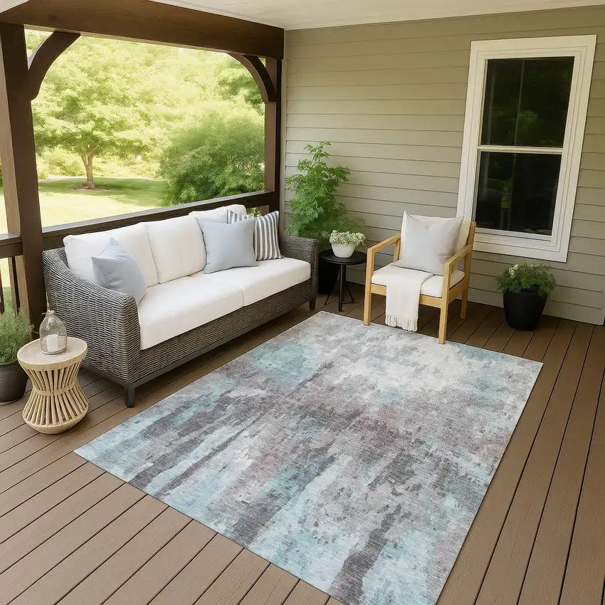 Teal Blue Ivory And Gray Abstract Washable Indoor Outdoor Area Rug Photo 6