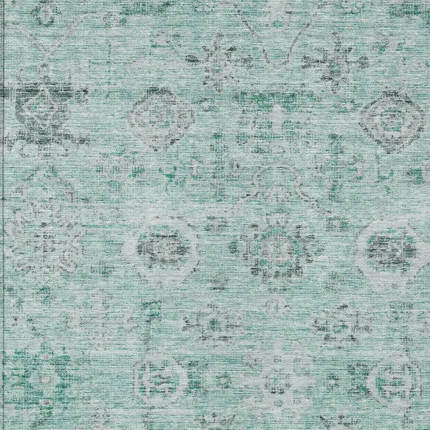 Teal Blue Ivory And Gray Damask Washable Indoor Outdoor Area Rug Photo 5