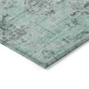 Photo of Teal Blue Ivory And Gray Damask Washable Indoor Outdoor Area Rug
