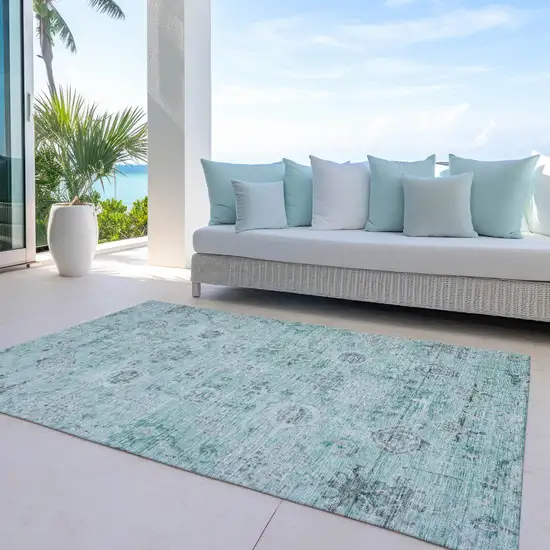Teal Blue Ivory And Gray Damask Washable Indoor Outdoor Area Rug Photo 7