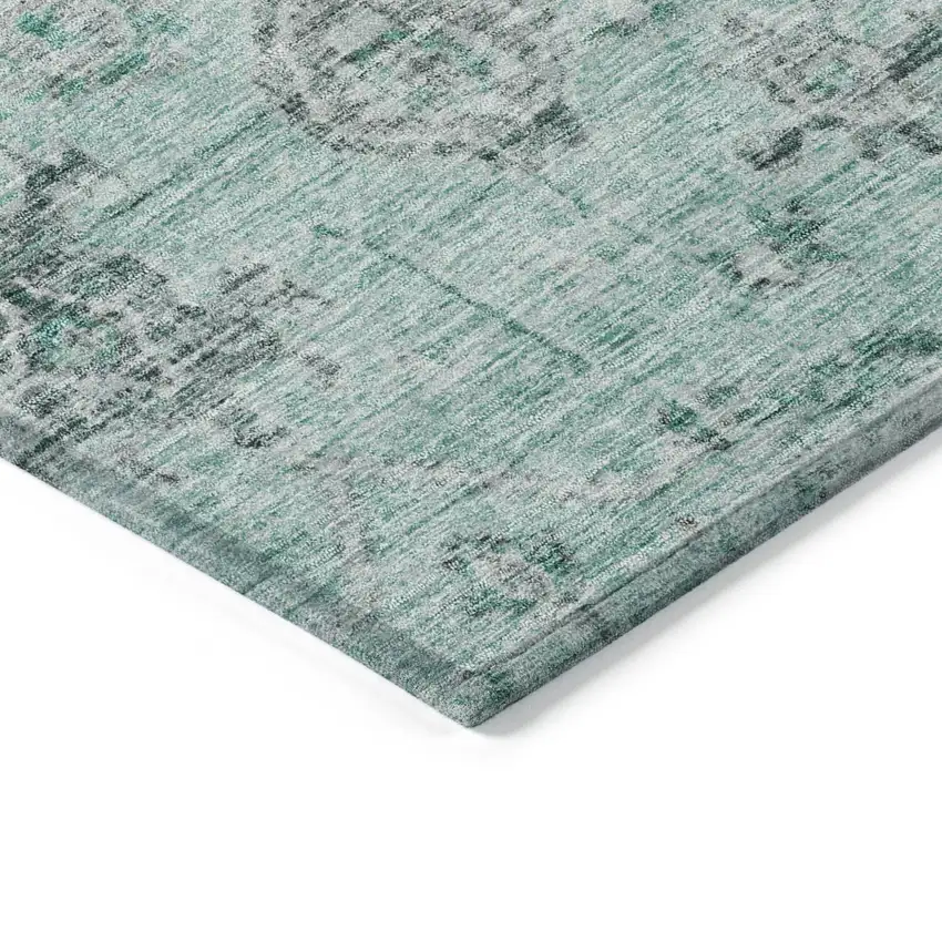 Teal Blue Ivory And Gray Damask Washable Indoor Outdoor Area Rug Photo 4