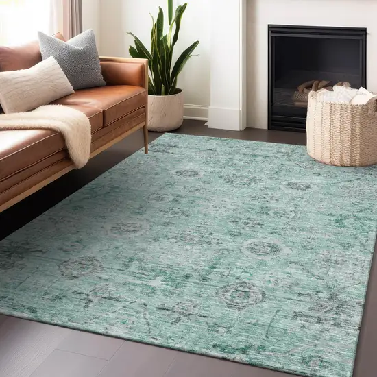 Teal Blue Ivory And Gray Damask Washable Indoor Outdoor Area Rug Photo 8