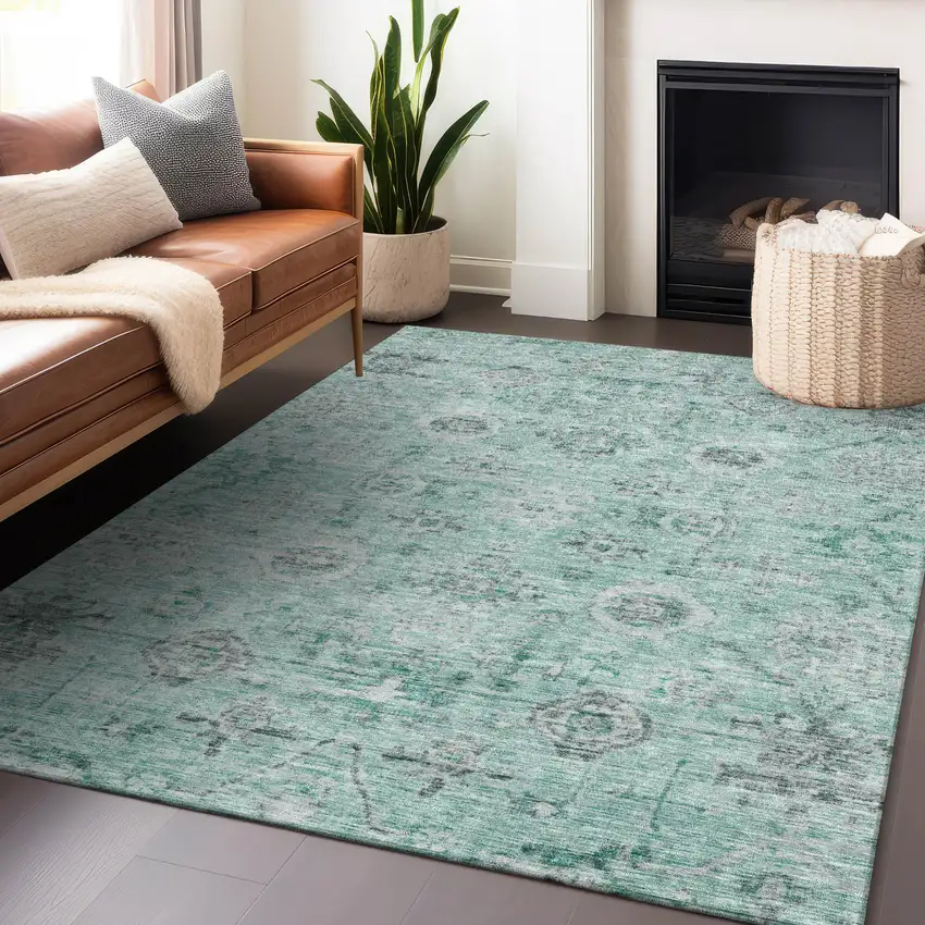 Teal Blue Ivory And Gray Damask Washable Indoor Outdoor Area Rug Photo 8