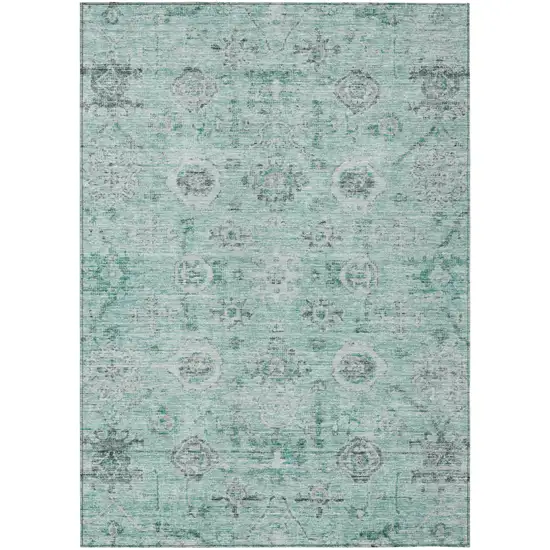 Teal Blue Ivory And Gray Damask Washable Indoor Outdoor Area Rug Photo 2