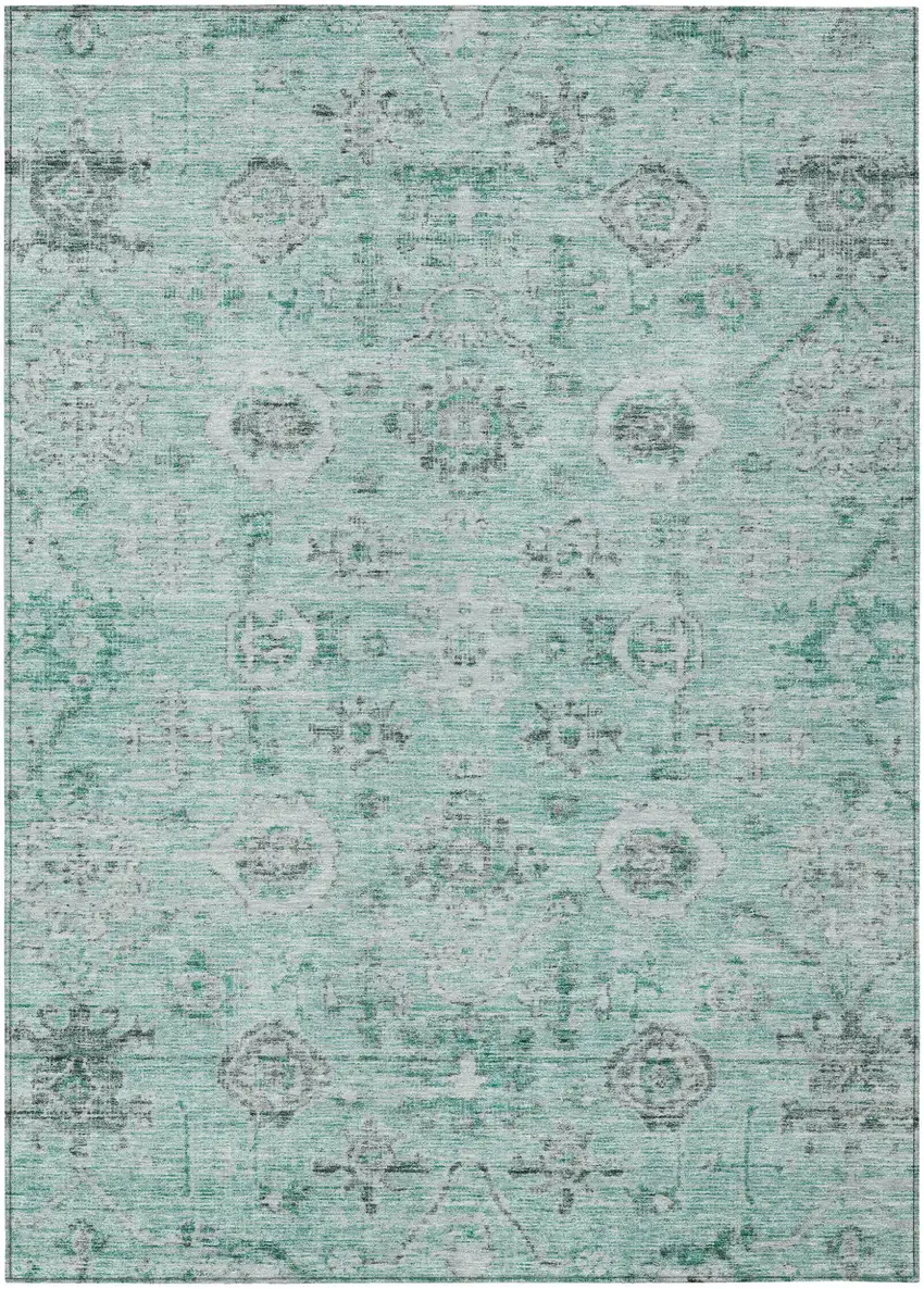 Teal Blue Ivory And Gray Damask Washable Indoor Outdoor Area Rug Photo 2