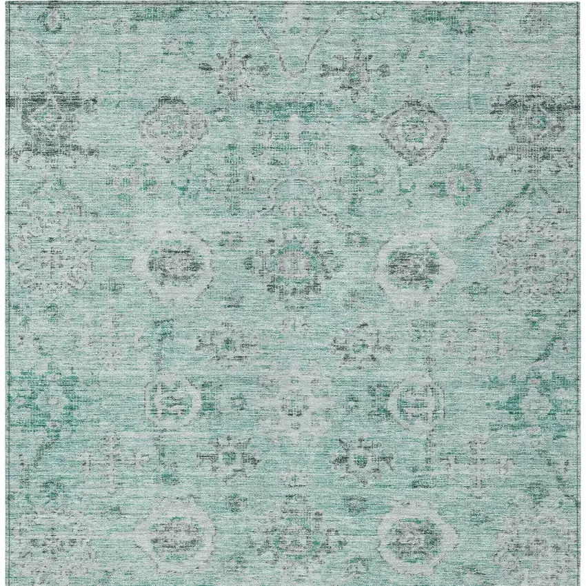 Teal Blue Ivory And Gray Damask Washable Indoor Outdoor Area Rug Photo 5