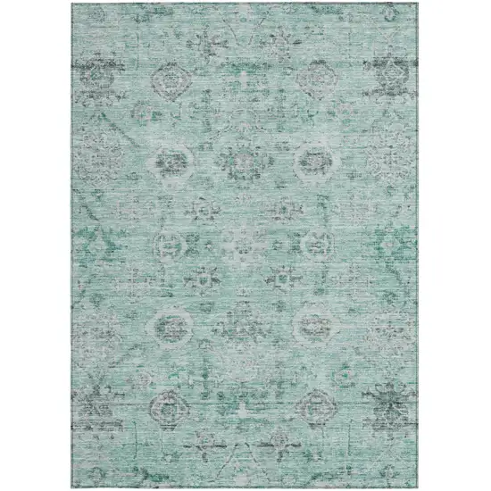 Teal Blue Ivory And Gray Damask Washable Indoor Outdoor Area Rug Photo 6