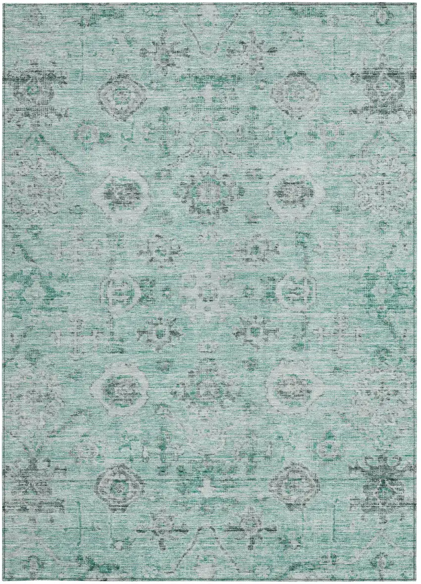 Teal Blue Ivory And Gray Damask Washable Indoor Outdoor Area Rug Photo 6