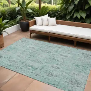 Photo of Teal Blue Ivory And Gray Damask Washable Indoor Outdoor Area Rug
