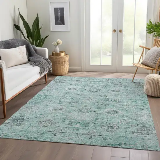 Teal Blue Ivory And Gray Damask Washable Indoor Outdoor Area Rug Photo 8