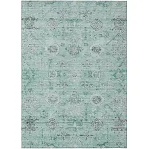 Photo of Teal Blue Ivory And Gray Damask Washable Indoor Outdoor Area Rug