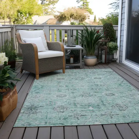 Teal Blue Ivory And Gray Damask Washable Indoor Outdoor Area Rug Photo 9