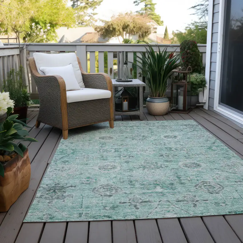 Teal Blue Ivory And Gray Damask Washable Indoor Outdoor Area Rug Photo 9