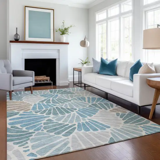 Teal Blue Ivory And Gray Floral Washable Indoor Outdoor Area Rug Photo 5