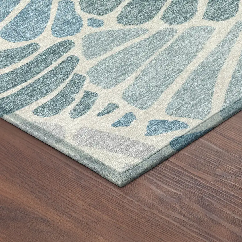 Teal Blue Ivory And Gray Floral Washable Indoor Outdoor Area Rug Photo 5