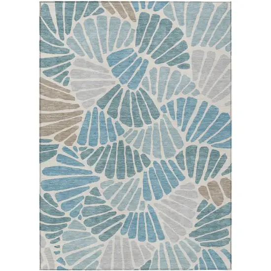 Teal Blue Ivory And Gray Floral Washable Indoor Outdoor Area Rug Photo 8