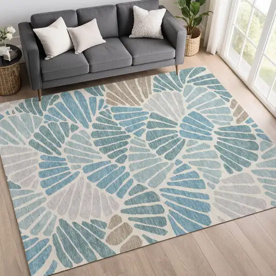 Teal Blue Ivory And Gray Floral Washable Indoor Outdoor Area Rug Photo 3